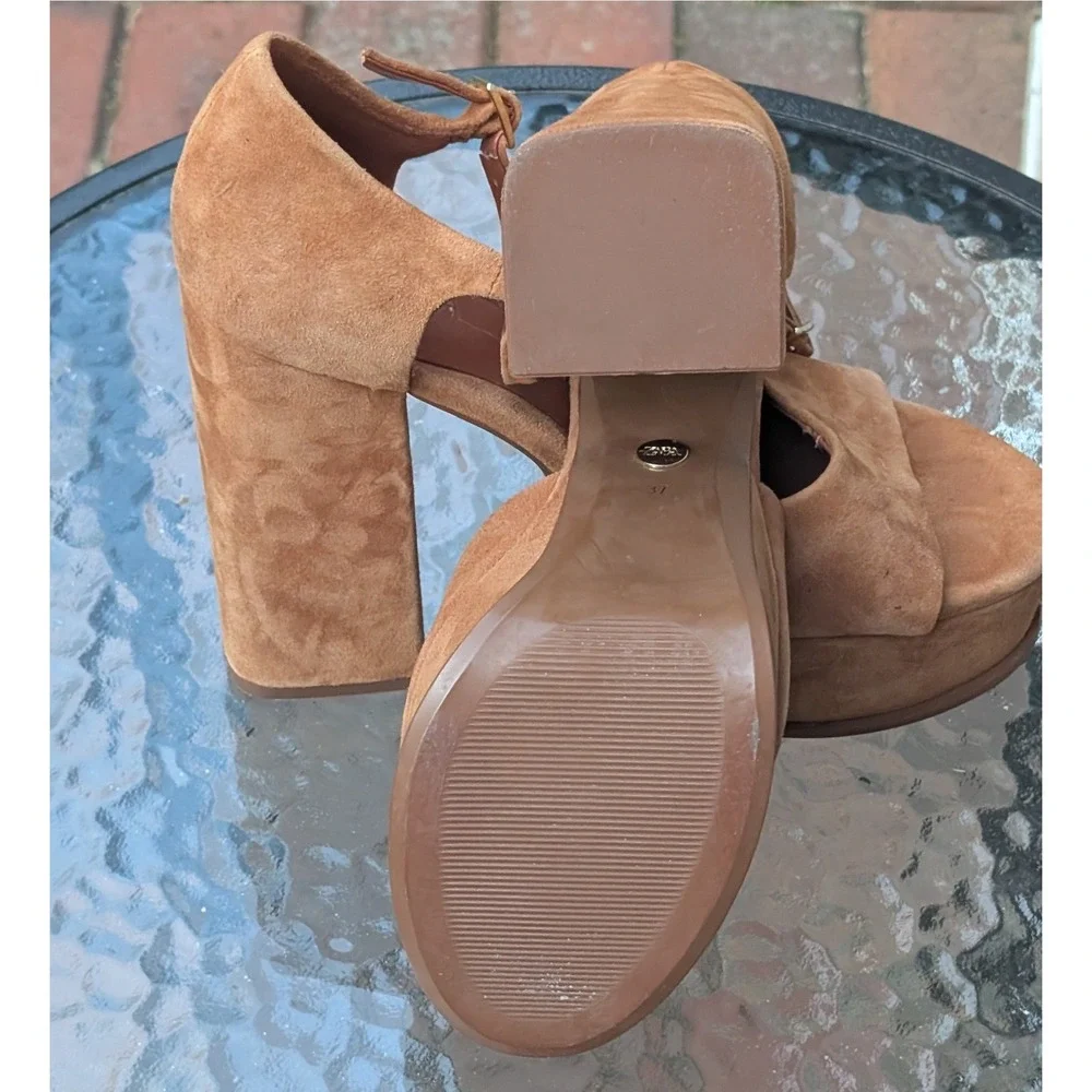Zara EU 37 US 7 Brown Faux Suede Platform Block Heel Ankle Strap Sandals Retro